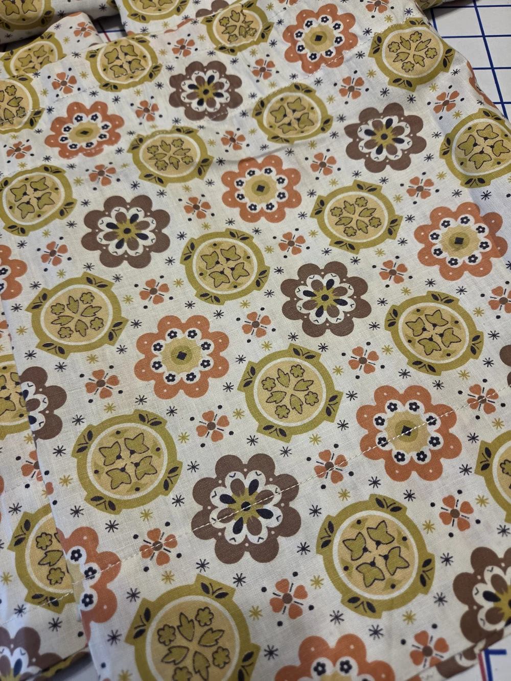 Set Of 4 60-70s Retro Vintage Handmade Floral Cotton Curtains Avocado Orange